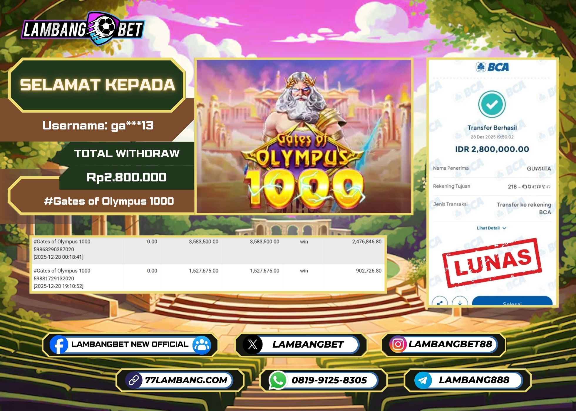 LAMBANGBET [28 DESEMBER 2025] JACKPOT SLOT Gates of Olympus 1000 "Rp2.800.000" LUNAS